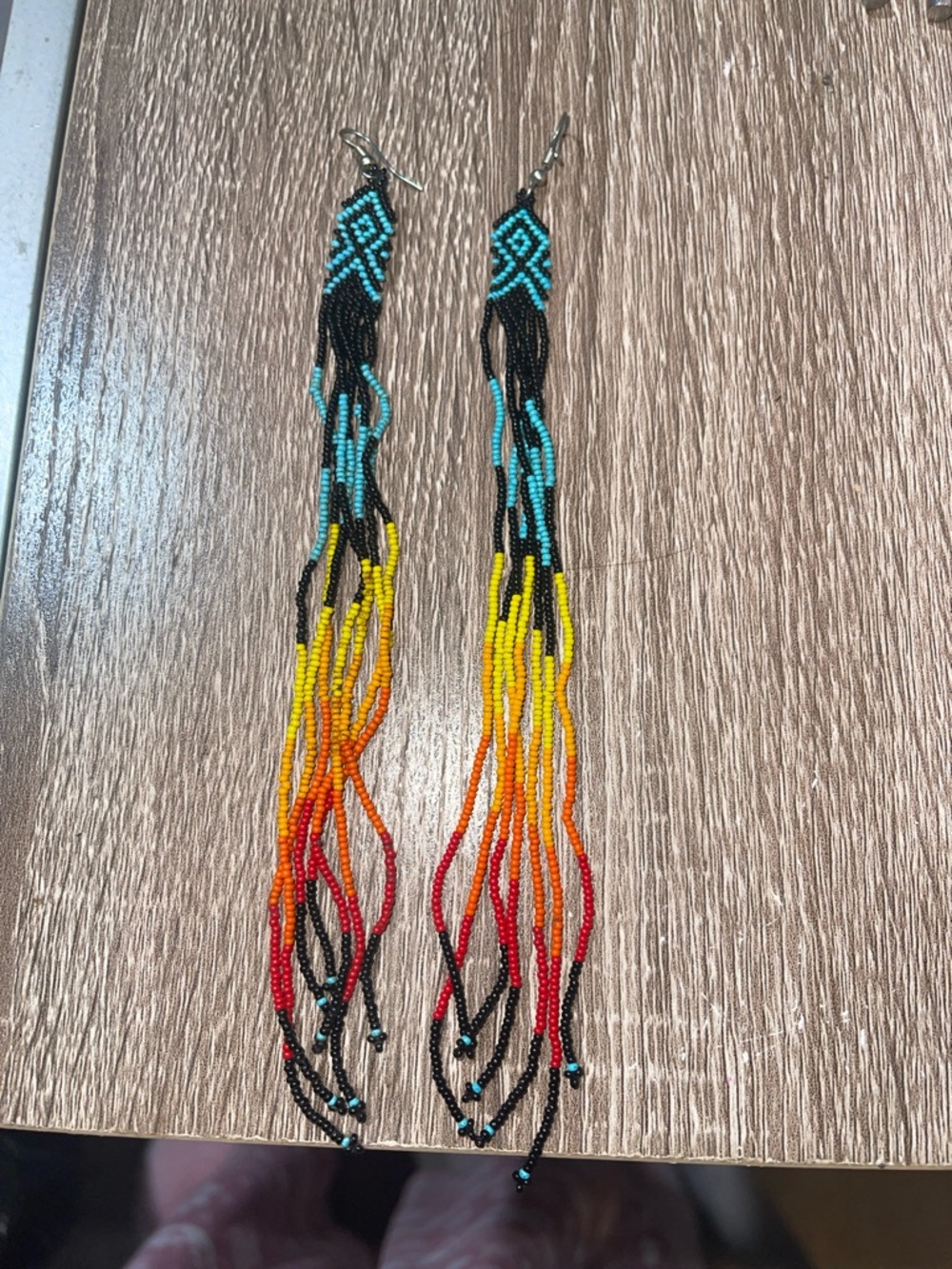 Handmade Multi-Color Beaded Fringe Earrings - Turquoise, Yellow, Orange, Red